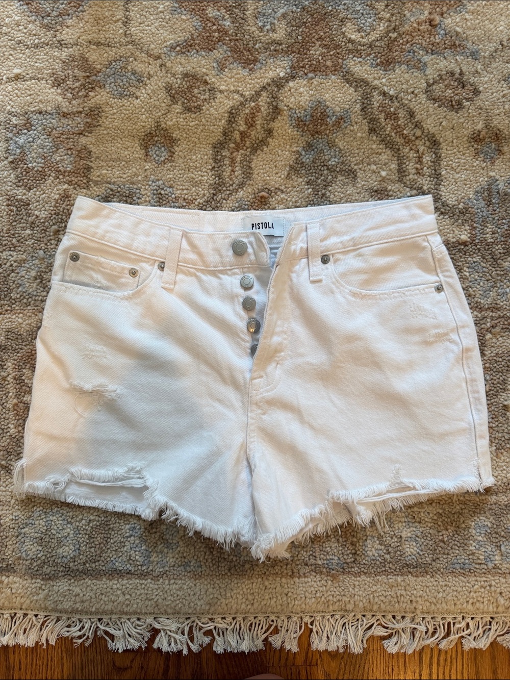 pistola White High-Rise Button-Fly Distressed Denim Shorts 28